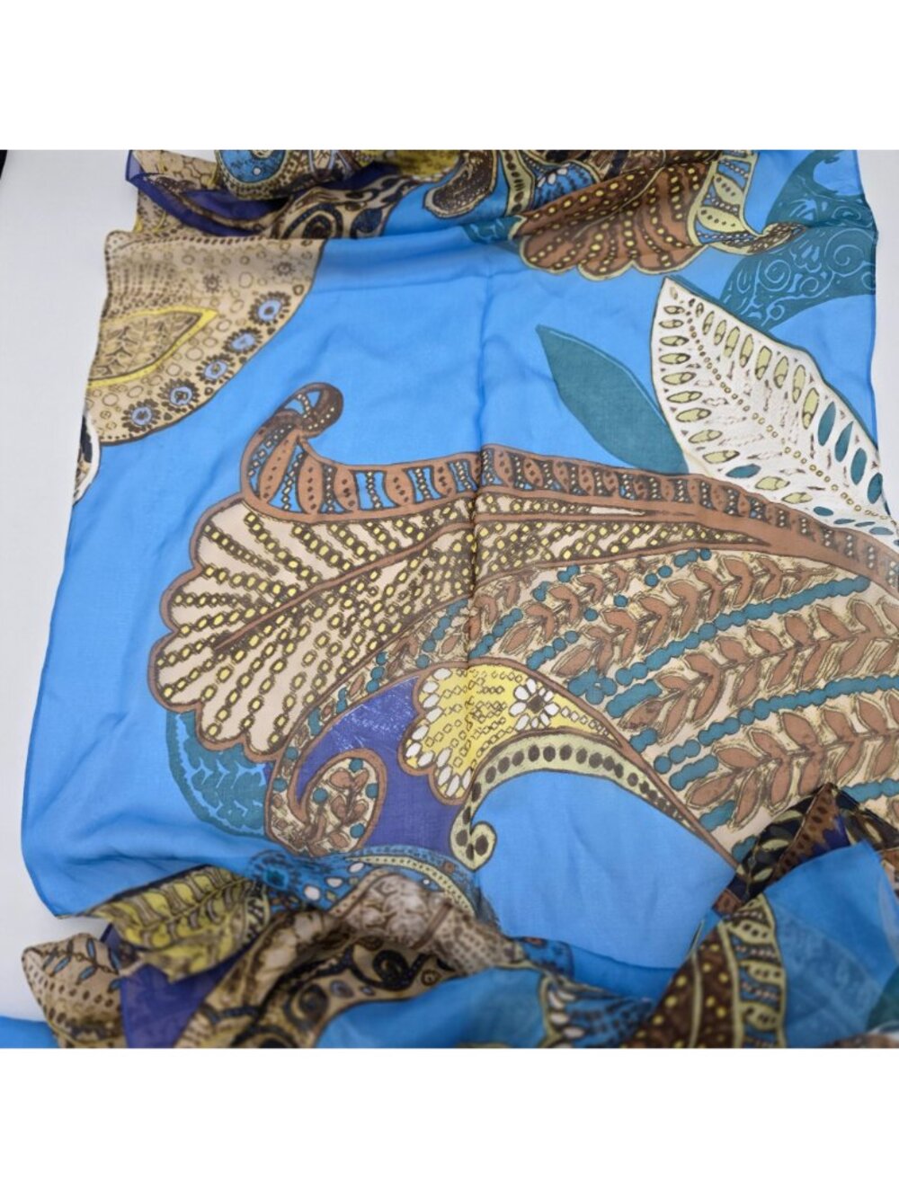 Anne Klein Womens 100% Silk Scarf With Paisley & Floral Print In Blue Brown Gold - Picture 8 of 9